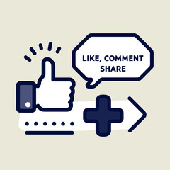 A navy blue and light blue design featuring a thumbs up icon with radiating lines, speech bubble with 