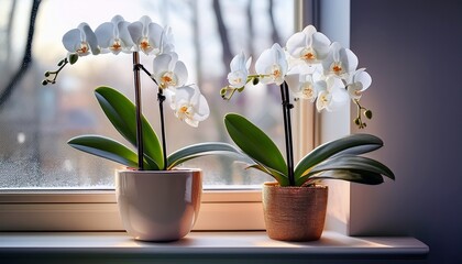 White moth orchid on windowsill with poor lighting, houseplant care in winter- 58297