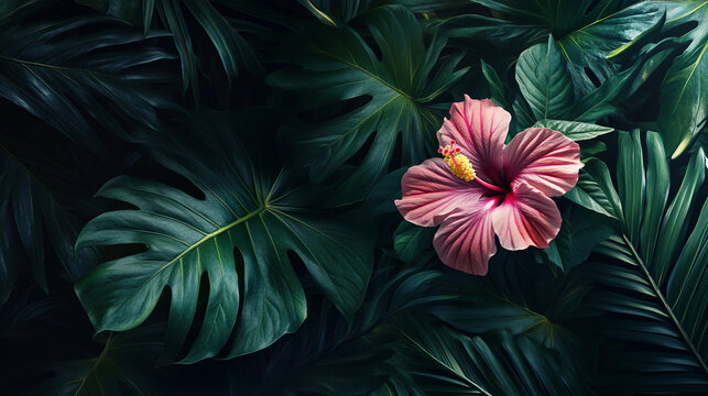 A pink flower is in the middle of a green leafy jungle - Powered by Adobe