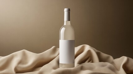 A bottle of wine with a blank white label sits on a beige fabric. Minimalist product presentation with elegant neutral colors.
