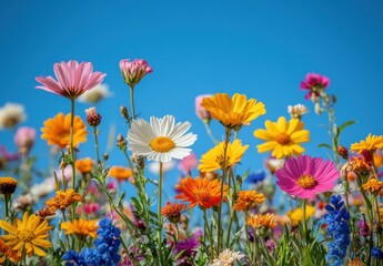 Fototapeta premium Vibrant Wildflower Meadow Under Clear Blue Sky with Colorful Blossoms and Lush Greenery in Bright Daylight