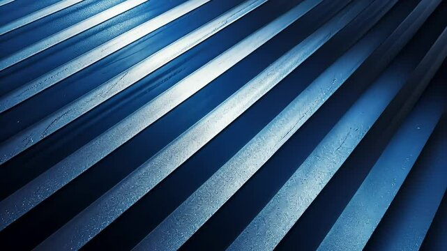 Metal roofing panels in deep blue tones.  Detailed close-up view of the corrugated surface