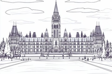 Black and White Line Art of Historic Parliament Building in Canada
