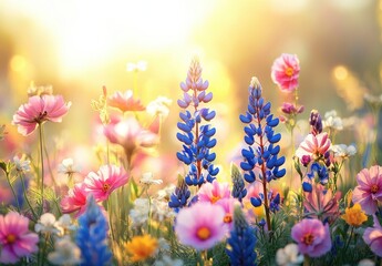 Obraz premium Vibrant Wildflowers Blooming in a Sunlit Meadow During Golden Hour with Colorful Petals and Gentle Light Creating a Serene Natural Scene