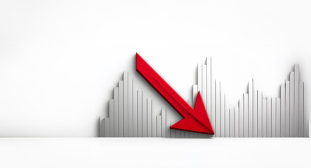 Red arrow points downwards across a grey bar chart, indicating a negative trend. The visual represents a decline, decrease, or loss in data, possibly in financial context.