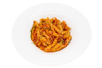 Penne all'arrabbiata made with penne pasta, tomato sauce, garlic, chili flakes, with the white background