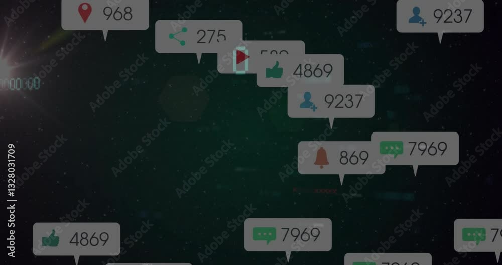 Poster floating over digital binary code, notification icons and numbers in animation style