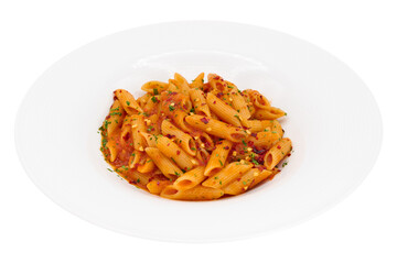 Penne all'arrabbiata made with penne pasta, tomato sauce, garlic, chili flakes, with the white background