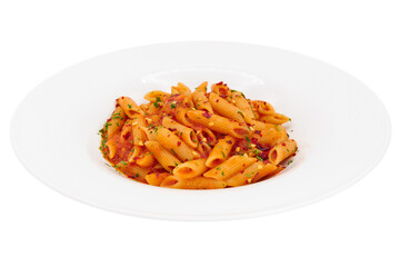 Penne all'arrabbiata made with penne pasta, tomato sauce, garlic, chili flakes, with the white background