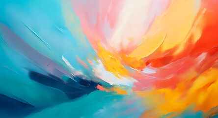 Vibrant brushstrokes create an abstract painting with dynamic energy.  Splashes of blue, yellow, red, pink, and orange blend in a flowing, colorful composition.