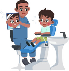 a Dentist Holding a Mirror for a Kid on Dental Patient Chair to See