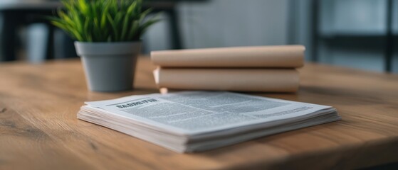 Newspaper on Wooden Table with Plant
