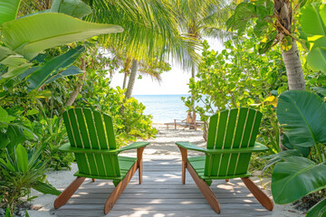 Fototapeta premium Two green chairs face a tranquil beach view, surrounded by lush tropical greenery and palm trees under a bright, sunny sky.