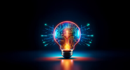 Glowing lightbulb with circuit board inside, radiating digital energy in a dark space. Represents innovation and technological advancement.