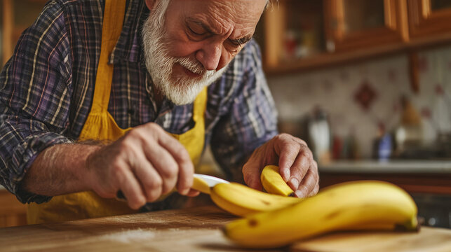 A close-up of a senior man slicing a banana in his kitchen, highlighting healthy eating habits in retirement