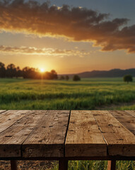 A countryside outdoor product mock-up featuring a blank, weathered wooden slab resting on a vintage farmhouse table.