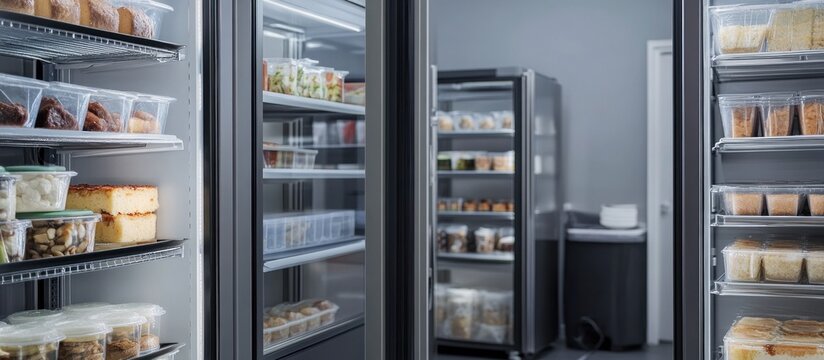 Commercial refrigerator showcasing fresh food in transparent containers neatly arranged