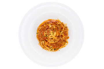Traditional italian Tagliatelle pasta with Bolognese sauce in the blue plate with white background