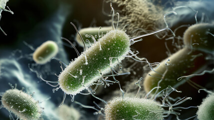 Close-up of magnified bacteria, showcasing intricate, detailed structures, highlighting scientific curiosity and the wonders of microbiology.