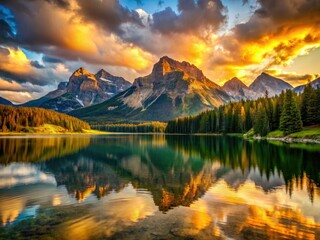 Obraz premium Dramatic skies over a mountain range and tranquil lake; epic nature and travel photography.