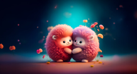 Two adorable fluffy creatures in pink and purple hug against a soft bokeh background. They are cute, sweet, and seem to be in love, creating a charming and lovely scene.