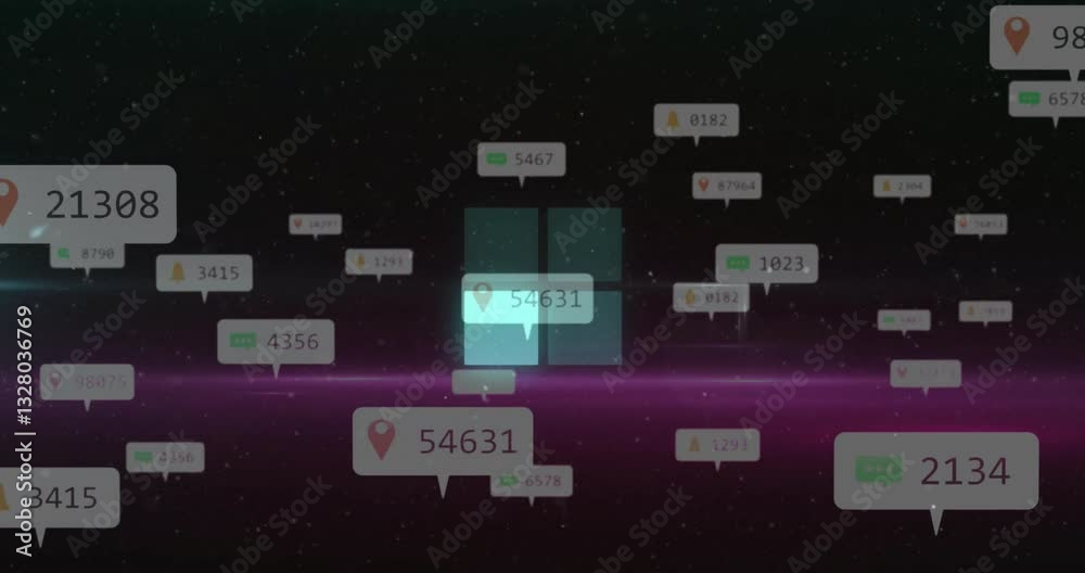 Poster floating notification icons with numbers in animation over starry digital landscape