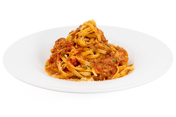 Traditional italian Tagliatelle pasta with Bolognese sauce in the blue plate with white background