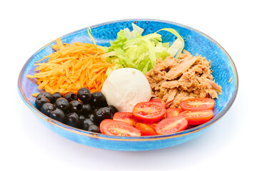 Salad with Buffalo mozzarella, tuna fish, cherry tomatoes, iceberg salad, olives, carrots,  in the blue plate with white background