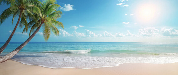 Beach with palm trees and a sea banner background