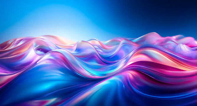 Abstract fluid waves flow smoothly with a gradient of vibrant colors.  The design is composed of flowing curves with hues of blue, purple, pink, and cyan creating a dynamic and visually engaging patte