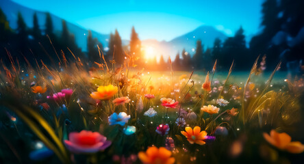 Fototapeta premium Wildflowers bloom in a colorful field as the sun sets behind mountains and trees. A scenic nature landscape unfolds in vibrant hues.
