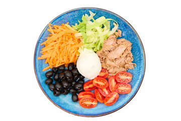 Salad with Buffalo mozzarella, tuna fish, cherry tomatoes, iceberg salad, olives, carrots,  in the blue plate with white background