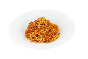 Traditional italian Tagliatelle pasta with Bolognese sauce in the blue plate with white background