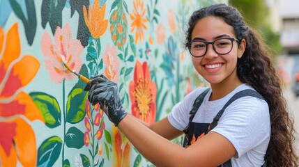 Young Artist Painting Colorful Mural on Urban Wall in Daylight