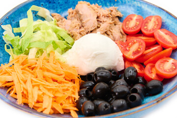 Salad with Buffalo mozzarella, tuna fish, cherry tomatoes, iceberg salad, olives, carrots,  in the blue plate with white background