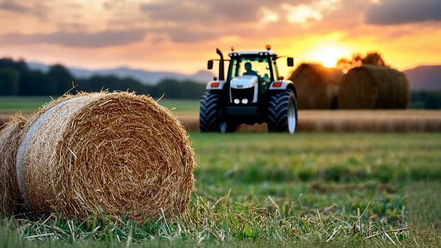 Tractor harvesting hay bales at sunset in a peaceful rural landscape with mountains