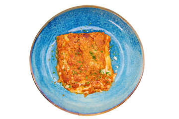 Traditional italian dish lasagna alla bolognese in the blue plate with white background