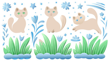 Adorable cartoon cats in a garden setting, perfect for kids' art and products.