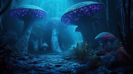 Large glowing mushrooms illuminating a magical and mystical forest path