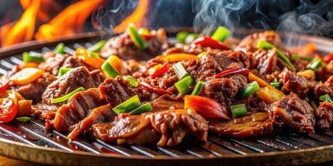 Experience the fiery flavors of authentic Korean bulgogi BBQ, photographed up close for mouthwatering appeal.