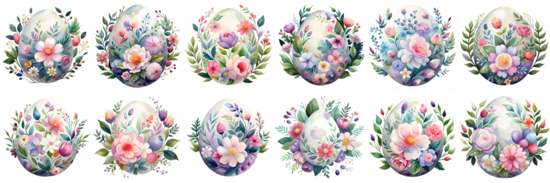 Twelve Watercolor Easter Eggs Decorated with Delicate Spring Flowers and Greenery