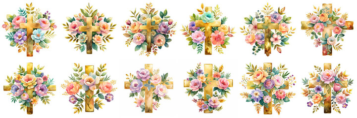 Twelve Watercolor Gold Crosses with Floral Wreaths Easter Religious Spring Designs