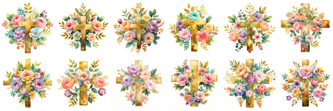 Twelve Watercolor Gold Crosses with Floral Wreaths Easter Religious Spring Designs - Powered by Adobe