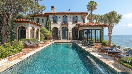 Mediterranean style mansion with infinity pool overlooking ocean.