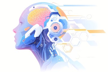 Futuristic human profile with brain and artificial intelligence integration. Technological advancement in neuroscience and cognitive enhancement. Digital transformation concept.