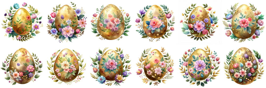 Twelve Golden Easter Eggs Decorated with Watercolor Floral Wreaths Spring Festive Design - Powered by Adobe