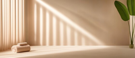 Fototapeta premium Serene Minimalist Interior: Sunlight Illuminates Beige Room with Towels and Plant