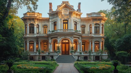 Fototapeta premium Grand Victorian mansion at sunset, lush gardens.