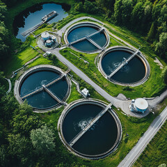 Aerial view of water treatment facility with circular tanks and green surroundings