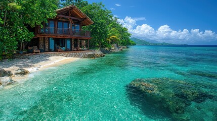 Obraz premium Tropical beach house with turquoise ocean.